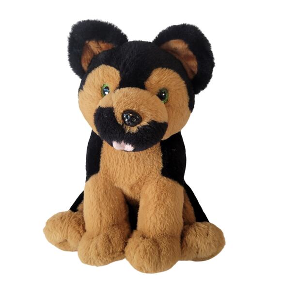 German Shepherd Dog Plush Stuffed Animal 12" Black Brown Green Eyes Toy - Picture 1 of 14